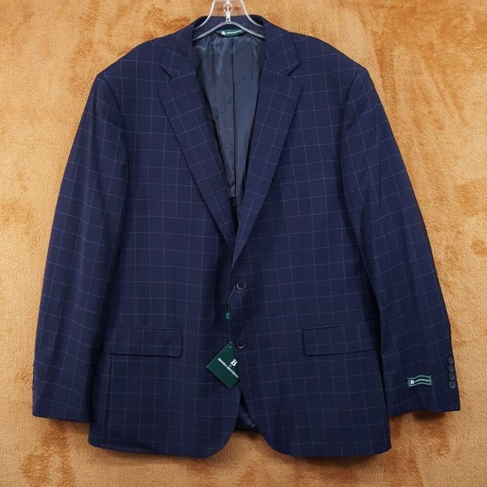 B BROOKS BROTHERS Suit Jacket Mens 46 Long Navy Blue Windowpane Plaid Blazer 46L